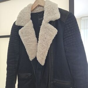 Scotch & Soda Black Jacket with Cream Shearling Collar